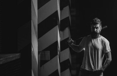 Attack concept. Feel my strength. Man unshaven face hold baseball bat. Strong temper. Confident his strength. Power and strength. Baseball player with baseball bat. Bearded man hold baseball bat