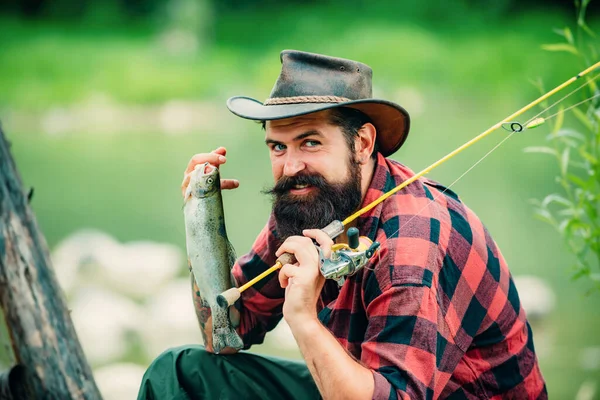 Portrait Man Fishing Fisherman Rod Spinning Reel River Bank Man — Stock Photo, Image