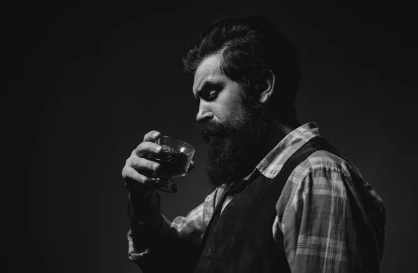 Man Beard Holds Glass Brandy Addiction Alcoholism Alcohol Addiction Dangerous — Stock Photo, Image
