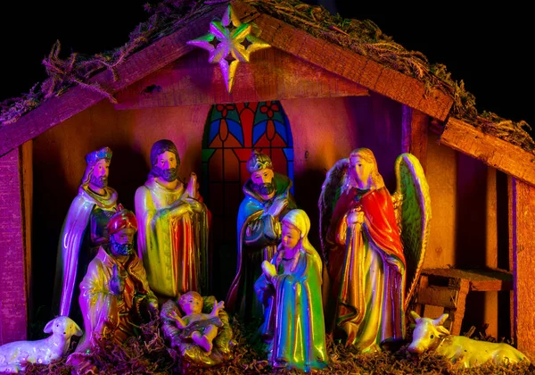 Manger Merry Christmas Design Christmas Greeting Card Nativity Scene Christmas — Stock Photo, Image