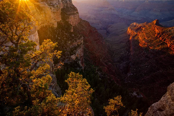 Grand Canyon Borda Norte Pôr Sol Dourado Arizona Paisagem Rochosa — Fotografia de Stock