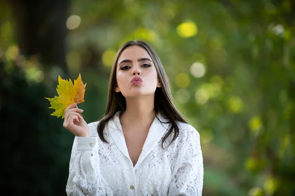 Portrait Young Woman Autumn Leafs Romantic Girl Dream Hold Fall — Stock Photo, Image