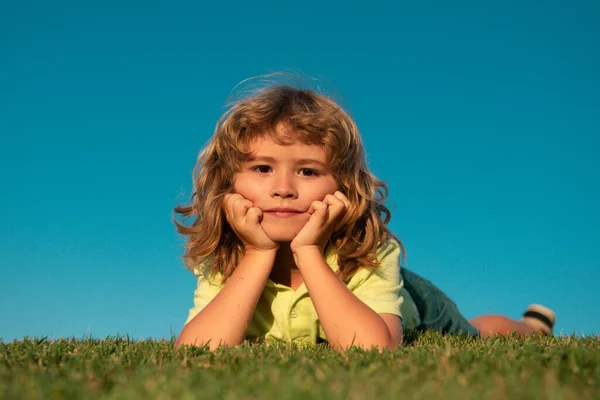 Portretten Van Gelukkige Kinderen Die Het Zomerpark Gras Liggen Zomer — Stockfoto