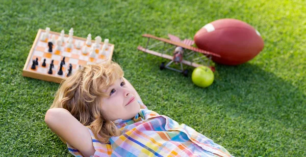 Dream Kids Childhood Concept Kid Relax Park Laying Grass Daydreaming — Stock Photo, Image