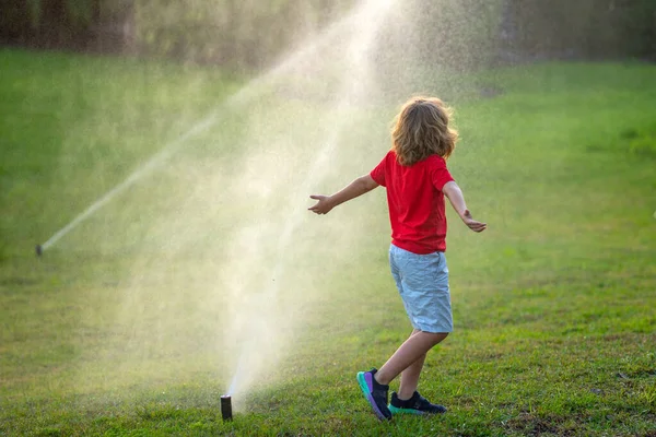 Cute little kid watering grass in the garden at summer day. Child play in summer backyard. Cute little boy is laughing and having fun running under water spraying sprinkler irrigation. Watering grass