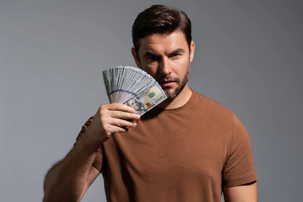 Man Showing Cash Money Dollar Banknotes Portrait Business Man Isolated — Stock Photo, Image
