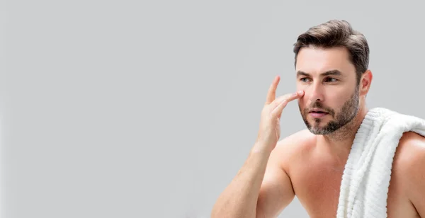 Banner Man Perfect Skin Touch Face Shaving Skin Care Healthcare — Stock Photo, Image