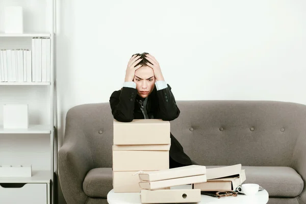 Sad Secretary Girl Folders Documents Stressed Overworked Businesswoman Too Much — Stock fotografie