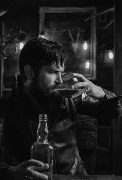 Alcohol Addiction Bearded Man Drinking Whiskey Brandy Cognac Pub Retro — Stock Photo, Image