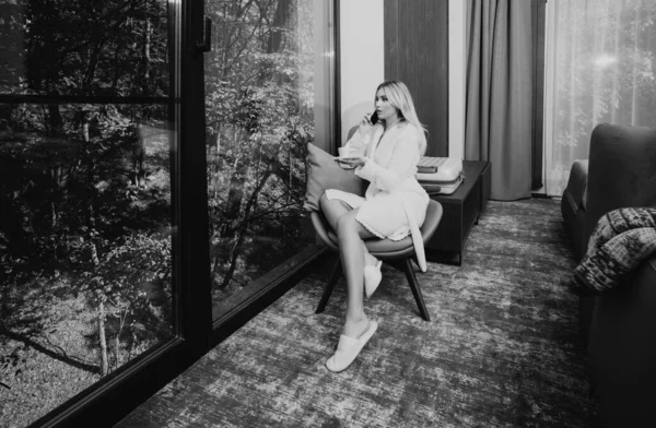 Morning Coffee Young Woman Sitting Window Drinking Coffee Looking Enjoys — Stock Photo, Image