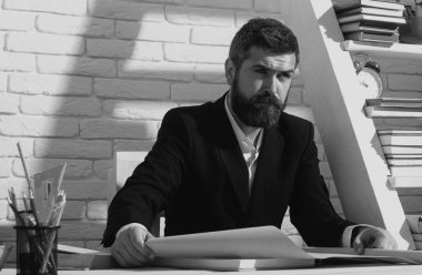 Okulda ciddi bir öğretmenin portresi. Özel öğretmen, profesör, danışman. Okuma, öğrenme, eğitim konsepti