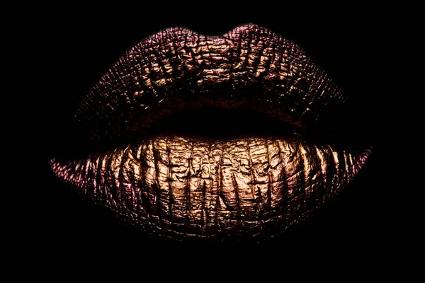 Lábios Dourados Fecham Lábio Metal Dourado Pintura Dourada Dos Lábios — Fotografia de Stock