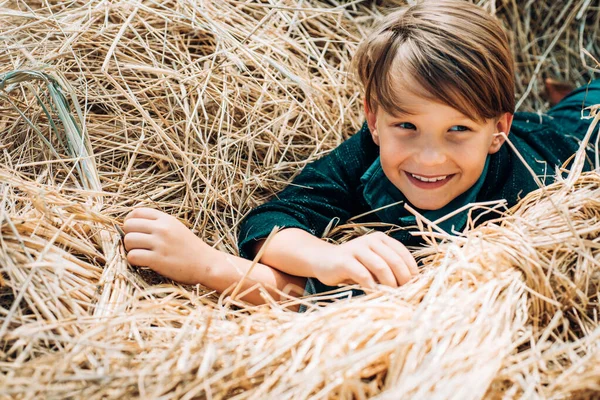 可爱的小男孩拿着金色叶子在农场村庄的背景 小男孩躺在干草上 — 图库照片