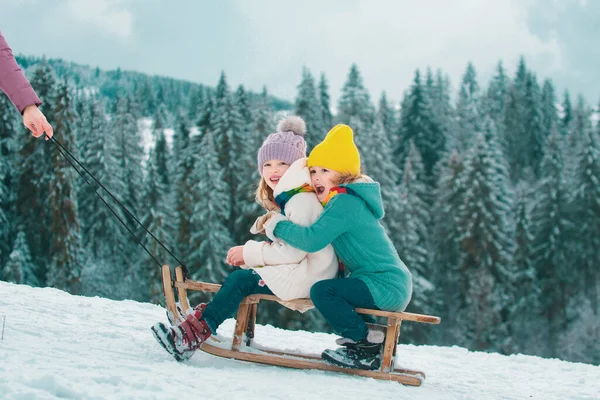 Χαρούμενο Μικρό Αγόρι Και Κορίτσι Κάνουν Έλκηθρο Χειμώνα Παιδιά Ιππεύουν — Φωτογραφία Αρχείου