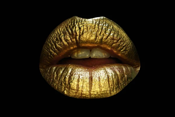 Closeup Female Plump Lips Gold Color Makeup Golden Glitter Cosmetic — Stock Photo, Image