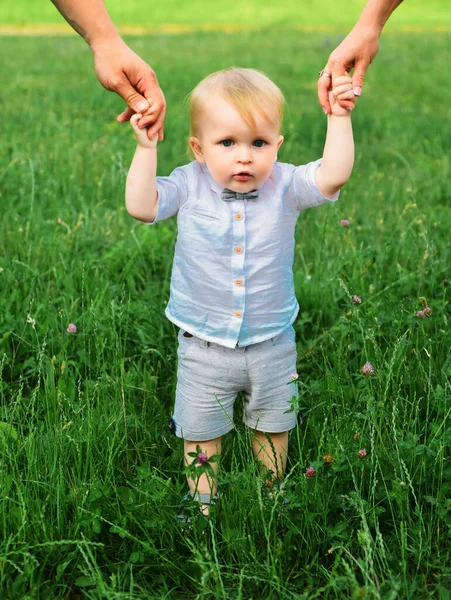 夏の公園の緑の芝生の上の赤ちゃん 親の手と子供 完璧な家族の手 愛情のある親によってサポートされる養子 — ストック写真