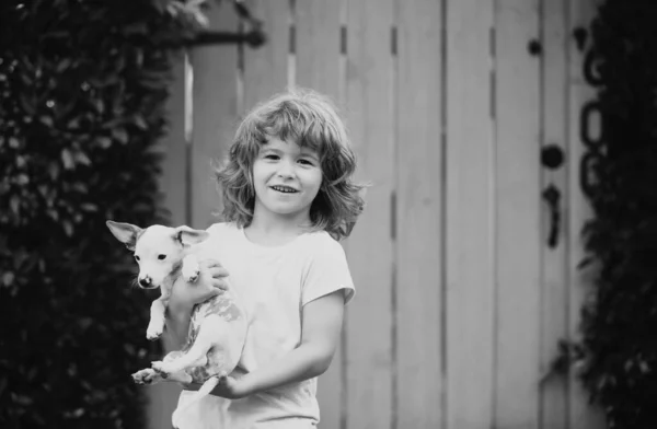 Çocuk Kendini Mutlu Hissediyor Yavru Köpek Taşıyor Hassas Duygularını Ifade — Stok fotoğraf