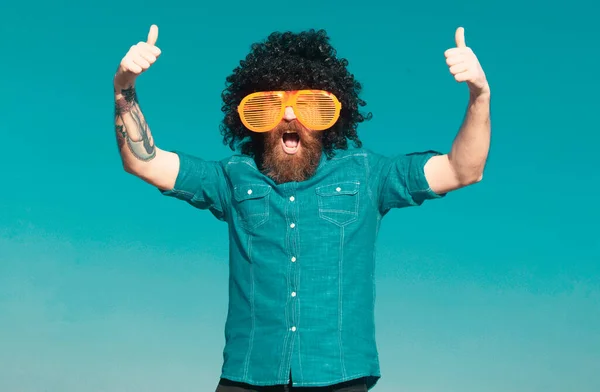 Funny Man Large Glasses Crazy Funny Bearded Man Wig Fun — Stock Photo, Image