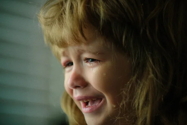 Closeup Sad Child Face Crying Tears — Stock Photo, Image
