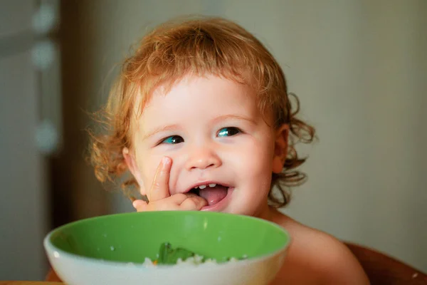 Healthy Nutrition Kids Funny Baby Eating Food Himself Spoon Kitchen — Stock Photo, Image