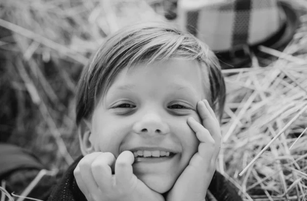 秋天快乐的责备和欢乐的男孩在一个秋天的村庄里微风 秋季销售为儿童黑色星期五 快乐男孩与秀丽面孔 — 图库照片