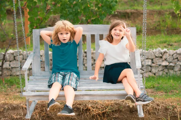 Crianças Pequenas Bonitos Brincando Balançando Livre Retrato Duas Crianças Felizes — Fotografia de Stock