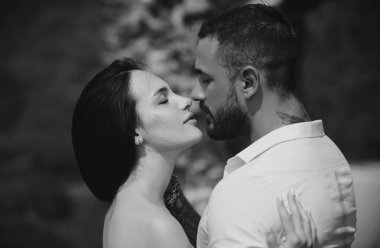Sensual couple kiss. Horny hot young lady embracing lover moaning. Enjoying the company of each other. Sensual couple enjoying intimacy. Making love to young lover