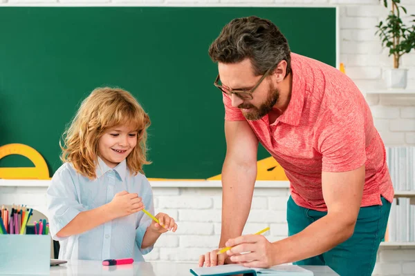Father Teacher Helping Son Boy School Lessons Funny Happy Elementary — стоковое фото