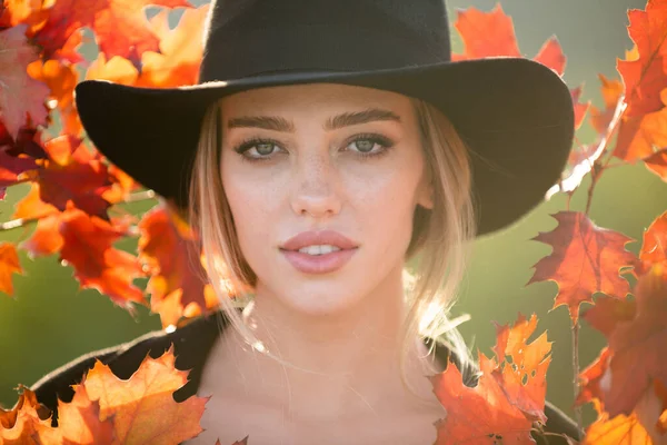 Renkli Sonbahar Yapraklarının Yanında Siyah Şapkalı Güzel Bir Kızın Portresi — Stok fotoğraf