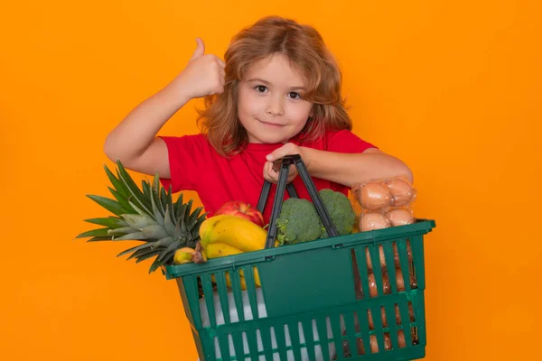Sale and discount. Kid with grocery basket, isolated studio portrait. Concept of shopping at supermarket. Shopping with grocery cart. Grocery store, shopping basket