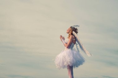 Aşk Tanrısı. Sevgililer Günü. Melek melek duası. Beyaz kanatlı bir kız çocuk dua ediyor. Kıvırcık saçlı küçük meleğin portresi. Sevgililer Günü Dua et aşk tanrısı