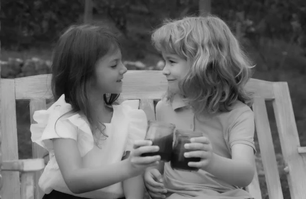Two Children Drink Smoothie Kids Summer Cocktail Outdoors Portrait Adorable — 스톡 사진