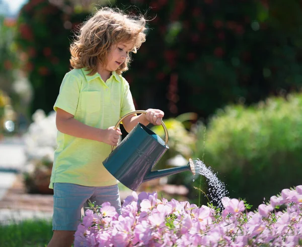 Cute Little Boy Child Watering Flowers Watering Can Kids Gardening — Stock Photo, Image