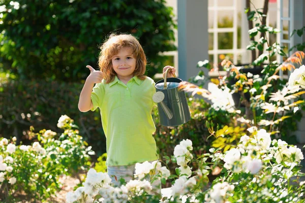 Ребенок Поливает Растение Лейкой Банкой — стоковое фото