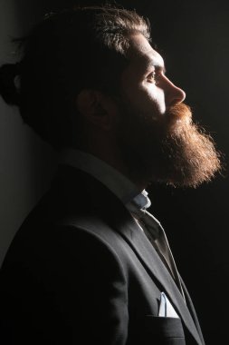 Gölge sakallı erkek profili. Sakallı, sakallı, eşcinsel. Berber dükkanı konsepti. Bıyıklı adamlar