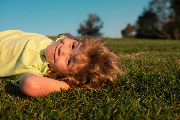 Sweet Happy Child Boy Playing Grass Park Spring Laughing Enjoying — Stock Photo, Image