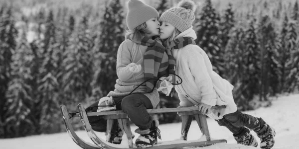 Outdoor Kids Little Boy Girl Kiss Winter Outdoors Happiness Kids — Stock Photo, Image