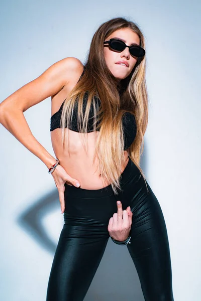 Fashion Glamor Swag Young Woman Model Show Middle Finger Fuck — Stock Photo, Image