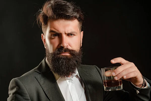 Hipster Beard Mustache Suit Drinks Alcohol Working Day Old Traditional — Stock Photo, Image