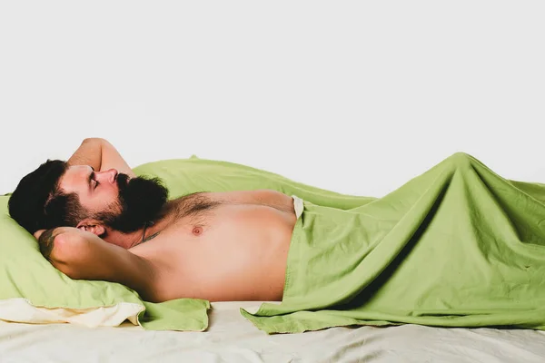 Sexual Potency Imitating Erection Man Lying Bed Sleeping — Stock Photo, Image
