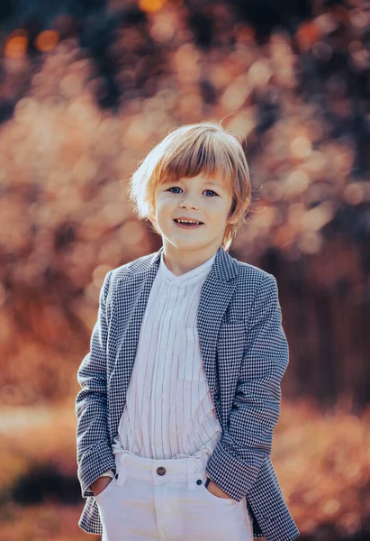 Портрет Мальчика Осенью Природе Парке Открытом Воздухе Закройте Лицо Счастливому — стоковое фото