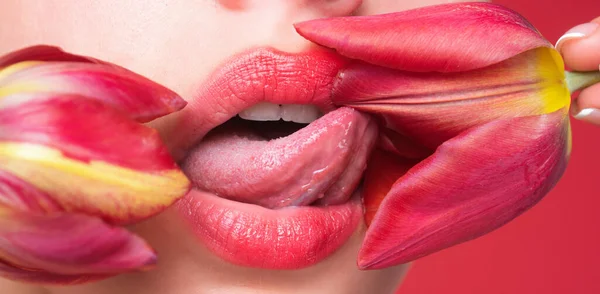 Plump Sinnliche Lippen Lippen Mit Tulpenblüte Sinnlicher Frauenmund Makrolippe Nahaufnahme — Stockfoto