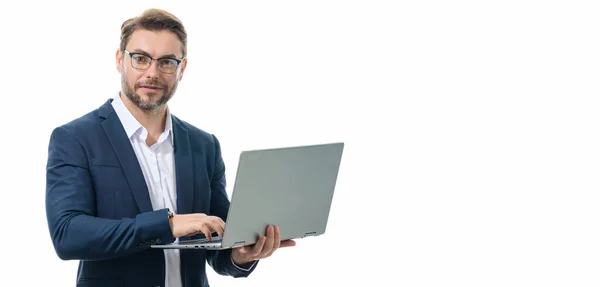 Biznesmen Korzystający Laptopa Mężczyzna Biznes Człowiek Pracownik Oglądać Wideo Laptopie — Zdjęcie stockowe