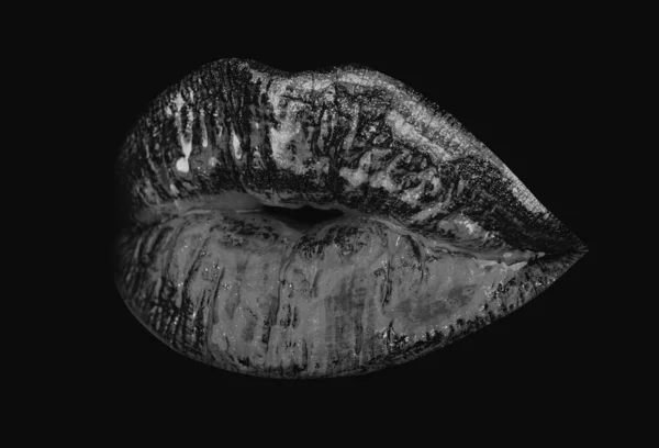 Σέξι Χείλη Κραγιόν Νέον Χρυσό Στόμα Απομονωμένα Μαύρο — Φωτογραφία Αρχείου