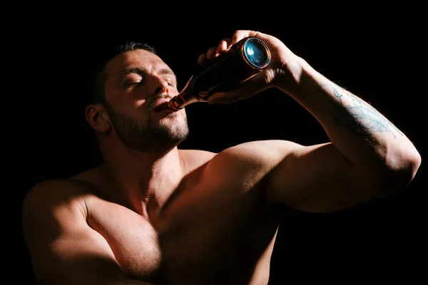 Man Bottle Beer Close Face Drunk Guy Having Problem Alcohol — Stock Photo, Image