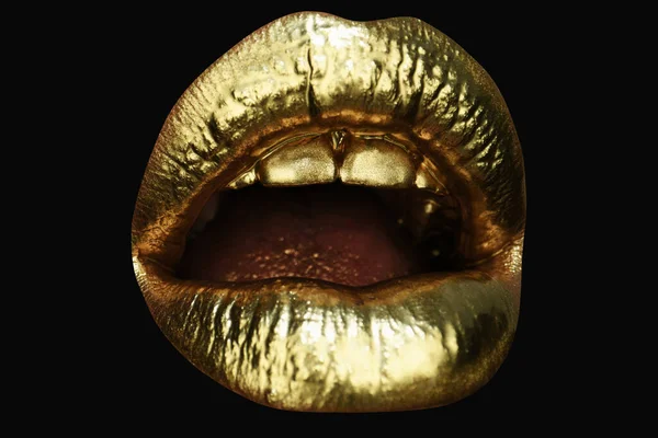 Surpresa Emoções Espantadas Fecho Batom Dourado Lábios Com Maquiagem Metálica — Fotografia de Stock
