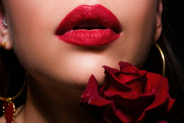 Lippen Frau Mund Nahaufnahme Schöne Frauenlippen Mit Rose — Stockfoto