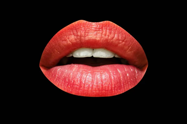 Lábios Femininos Sexy Vermelho Isolado Fundo Preto Lábios Bonitos Batom — Fotografia de Stock