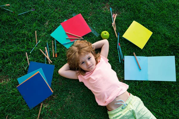 Child Studies Learn Kid Preparing School Outdoors Top View — Stock Photo, Image