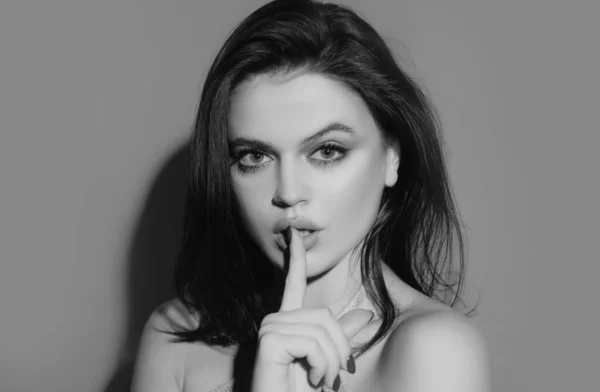 Woman Face Shh Shhh Concept Woman Silence Portrait Sensual Young — Stock Photo, Image
